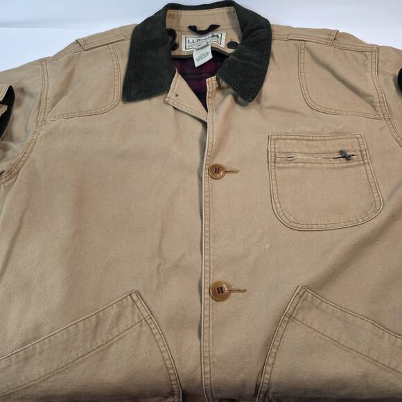 Vintage LL BEAN Tan Chore Jacket XL Canvas Barn Coat Removable Plaid Lining - Picture 5 of 16